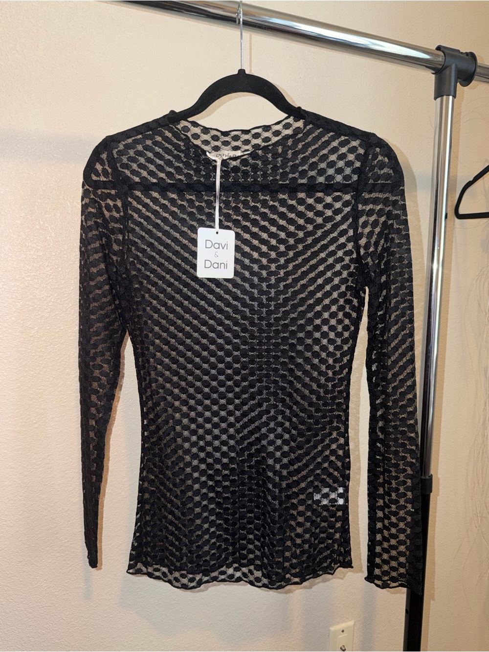 DAVI & DANI Black Long-Sleeve Sheer Dot Mesh Top